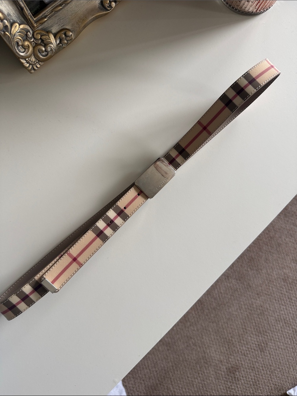 Burberry Beige Plaid Canvas Belt with Silver Buckle